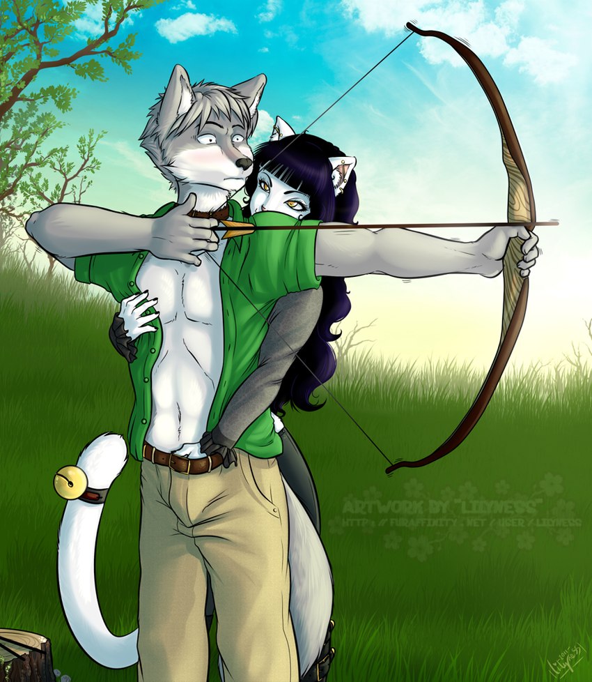 anthro anthro_on_anthro archery arrow_(weapon) bedroom_eyes black_hair blush bow_(weapon) clothed clothing coat female hair hand_in_pants hand_on_another's_chest hand_on_another's_penis hand_on_nipple handjob_from_behind male male/female narrowed_eyes nipple_fetish nipple_play open_clothing open_coat open_shirt open_topwear ranged_weapon seduced seductive shirt tail topwear touching_chest wavy_hair weapon white_hair lilyness canid canine canis domestic_cat felid feline felis mammal wolf