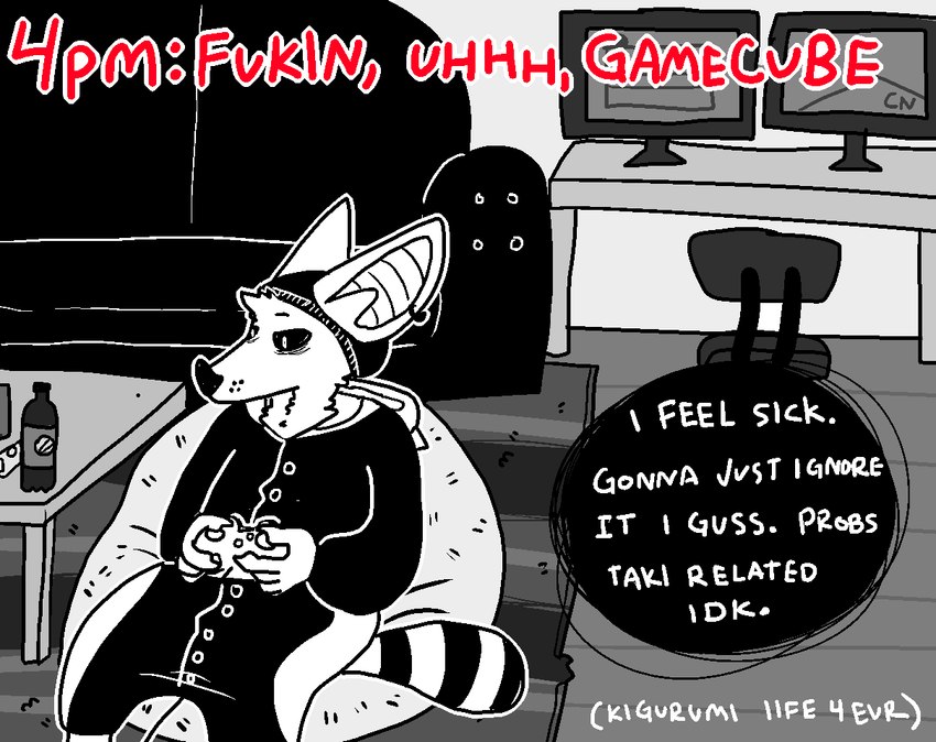 anthro bean_bag beanie clothing dialogue ear_piercing ear_ring gaming half-closed_eyes hat headgear headwear humor male narrowed_eyes onesie piercing ring_piercing solo speech_bubble text sinsquest sins_(sinsquest) bat mammal english_text greyscale monochrome trans_(lore) trans_man_(lore)