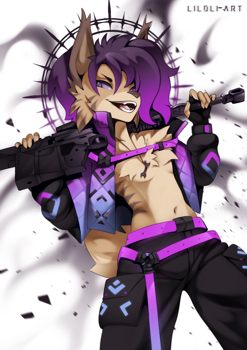 anthro aureola belt bottomwear claws clothing fluffy fluffy_tail gloves gun hair halo handwear happy jacket long_ears male pants purple_eyes purple_hair quilted ranged_weapon ribbons rifle simple_background smile solo straps tail tape topwear weapon liloli_(artist) felid feline lynx mammal absurd_res hi_res