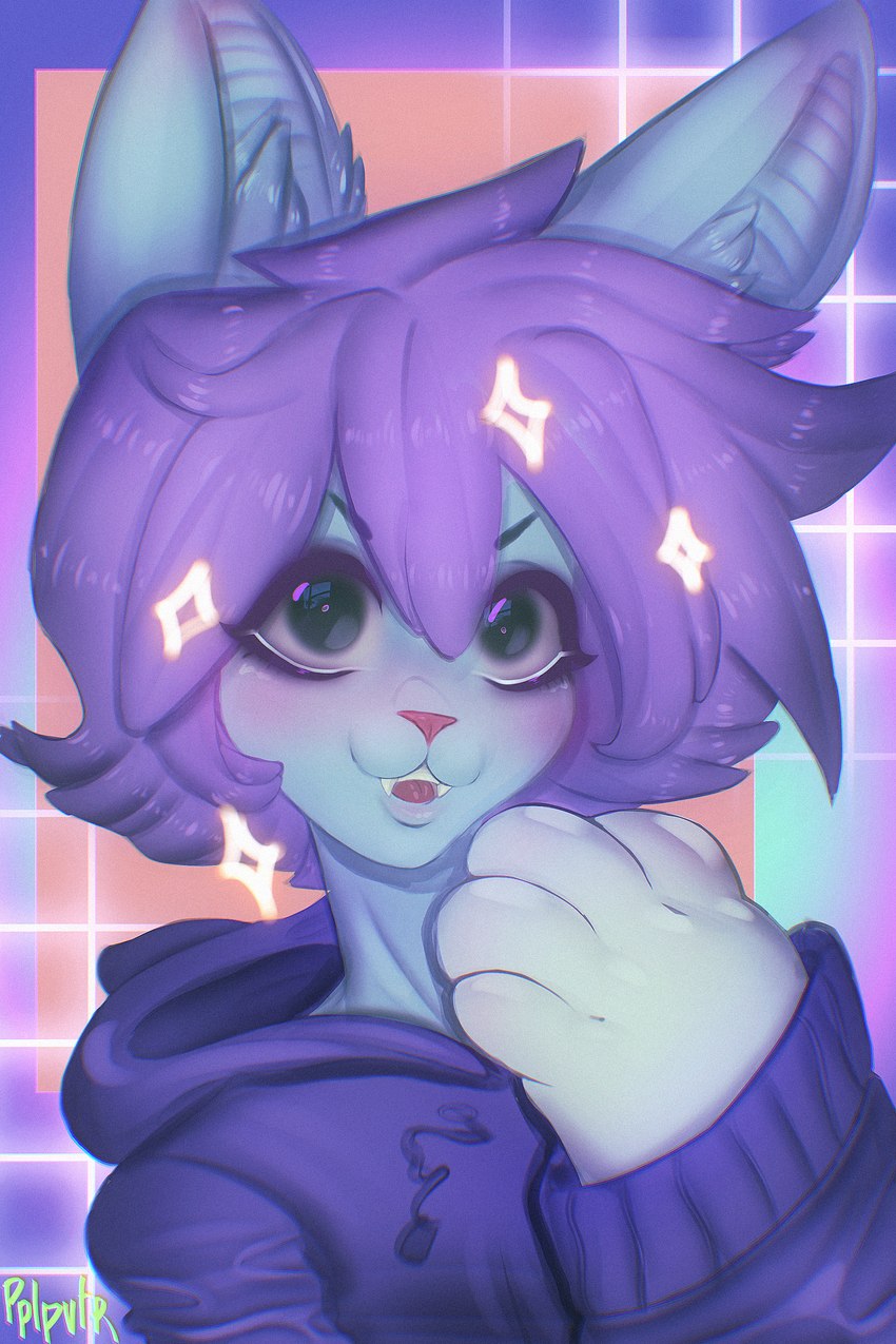 anthro blue_body clothing fangs female green_eyes hair hoodie neon purple_hair smile solo sparkles sparkling_character teeth topwear pplpvtr domestic_cat felid feline felis mammal 2:3 absurd_res hi_res