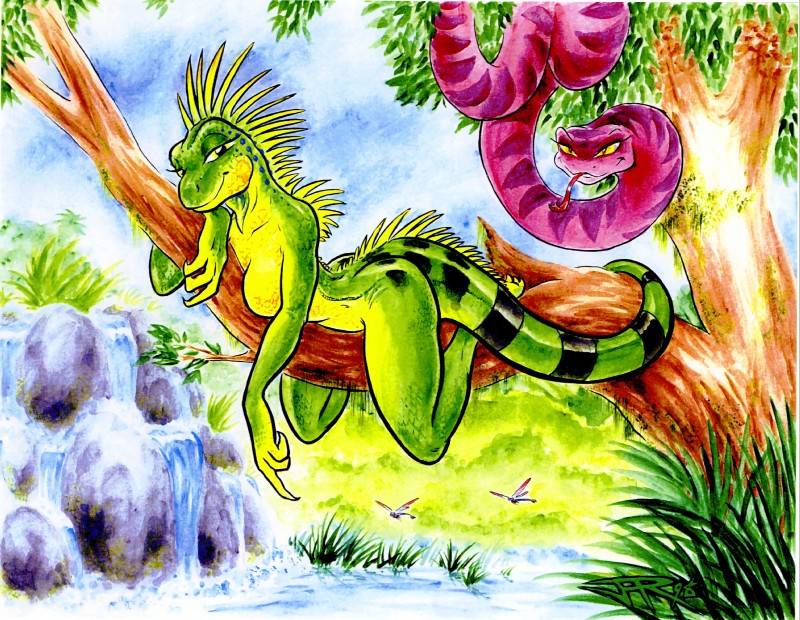 anthro branch breasts cloud detailed_background duo female feral forest green_body green_scales in_tree jungle looking_at_viewer nature non-mammal_breasts nude on_branch outside pink_body plant pose scales sky smile tail tree water wood joe_rosales iguana iguanid lizard reptile scalie snake hi_res pinup