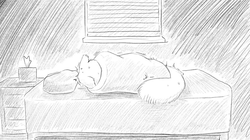 anthro bed bed_sheet bedding drawer fluffy fluffy_tail furniture hidden male pillow solo tail tissue tissue_box twitching window dragonweirdo animal_crossing nintendo marshal_(animal_crossing) mammal rodent sciurid tree_squirrel 16:9 hi_res monochrome widescreen