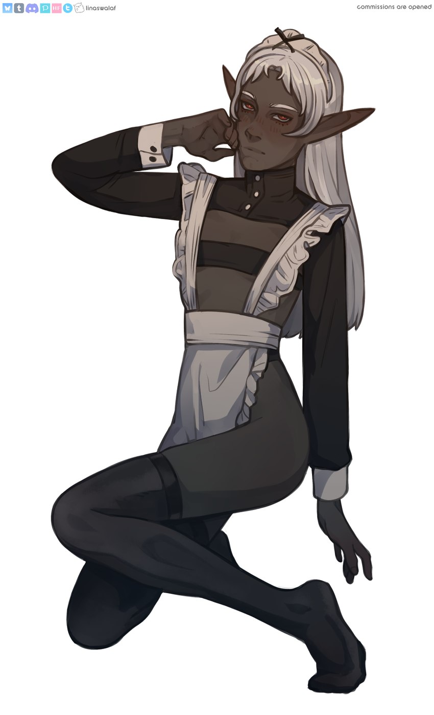 blush clothing dark_body dark_skin femboy hair humanoid_pointy_ears legwear maid_apron maid_headdress maid_uniform male not_furry pointy_ears pose simple_background solo stockings text uniform white_hair linaswalaf dungeons_and_dragons hasbro wizards_of_the_coast drow elf humanoid english_text hi_res