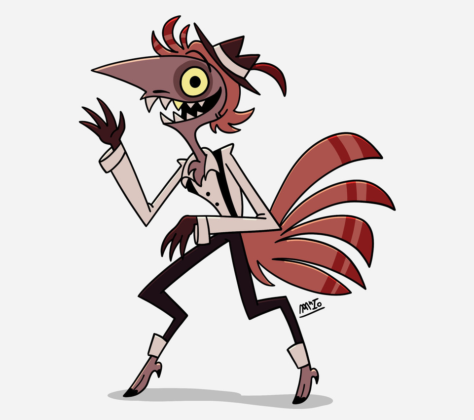 big_nose clothed clothing feathers feet gold_(metal) gold_tooth hat headgear headwear male sharp_teeth simple_background solo tail tail_feathers talons teeth toes white_background mio_acenas hazbin_hotel hellaverse rooster_(hazbin_hotel) animal_humanoid avian avian_humanoid bird bird_humanoid chicken_humanoid demon demon_humanoid galliform galliform_humanoid humanoid hi_res