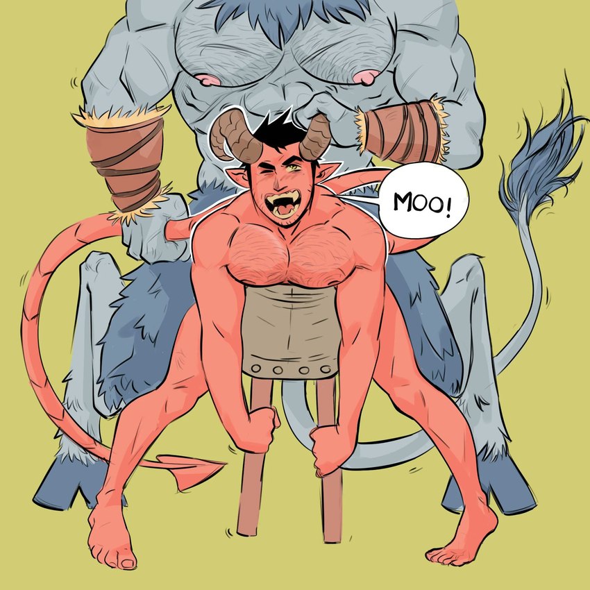 2_horns 5_toes abs anal anal_penetration animal_noises anthro areola arm_scar armwear bent_over biceps biped black_eyebrows black_hair black_text blue_body blue_fur blue_hooves blue_tail_tuft body_hair breeding_mount brown_armwear brown_clothing brown_horn chest_hair chest_scar clothing cloven_hooves duo eyebrows faceless_character faceless_humanoid faceless_male fangs feet fur green_background grey_body grey_skin grey_tail hair hooves horn horn_grab humanoid_on_anthro humanoid_on_humanoid humanoid_penetrated humanoid_penetrating humanoid_penetrating_humanoid humanoid_pointy_ears long_tail male male/male male_penetrated male_penetrating male_penetrating_male mooing mostly_nude mostly_nude_humanoid mostly_nude_male muscular muscular_humanoid muscular_male nails nipples nude nude_humanoid nude_male obliques one_eye_closed pecs penetration penile penile_penetration penis_in_ass pink_areola pink_nipples plantigrade pointy_ears red_areola red_body red_skin red_tail red_tongue scar sex short_hair simple_background size_difference smaller_penetrated spade_tail speech_bubble tail tail_grab tail_tuft tan_teeth teeth text toenails toes tongue tuft unguligrade yellow_eyes toxosalvaxe european_mythology greek_mythology mythology animal_humanoid bovid bovid_humanoid bovine bovine_humanoid demon demon_humanoid humanoid mammal mammal_humanoid minotaur english_text hi_res