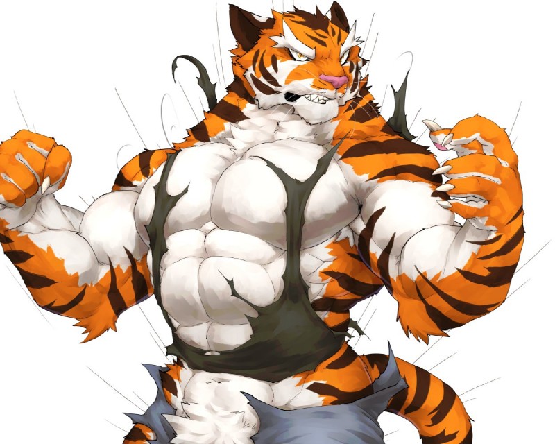 abs anthro biceps claws clothed clothing fur male muscular muscular_anthro muscular_male pecs rip simple_background solo standing torn_clothing captainjohkid felid mammal pantherine tiger 2019 5:4 digital_media_(artwork)