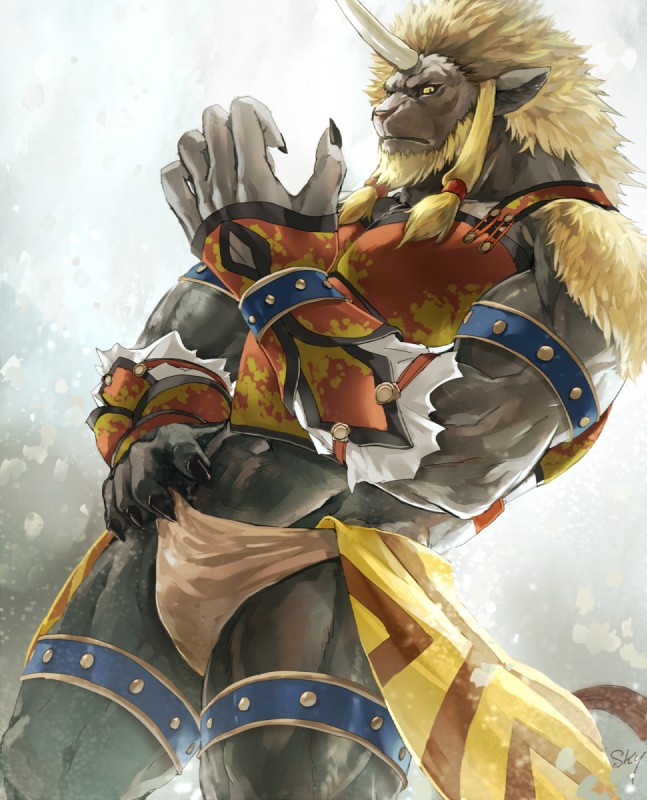 abs anthro armor beard black_body black_fur blonde_mane clothing facial_hair fingernails frown fur hand_on_hip horn looking_at_viewer male mane muscular muscular_anthro muscular_male nails navel sharp_nails underwear yellow_eyes sky_gomi final_fantasy final_fantasy_x square_enix biran felid mammal ronso 2016 hi_res