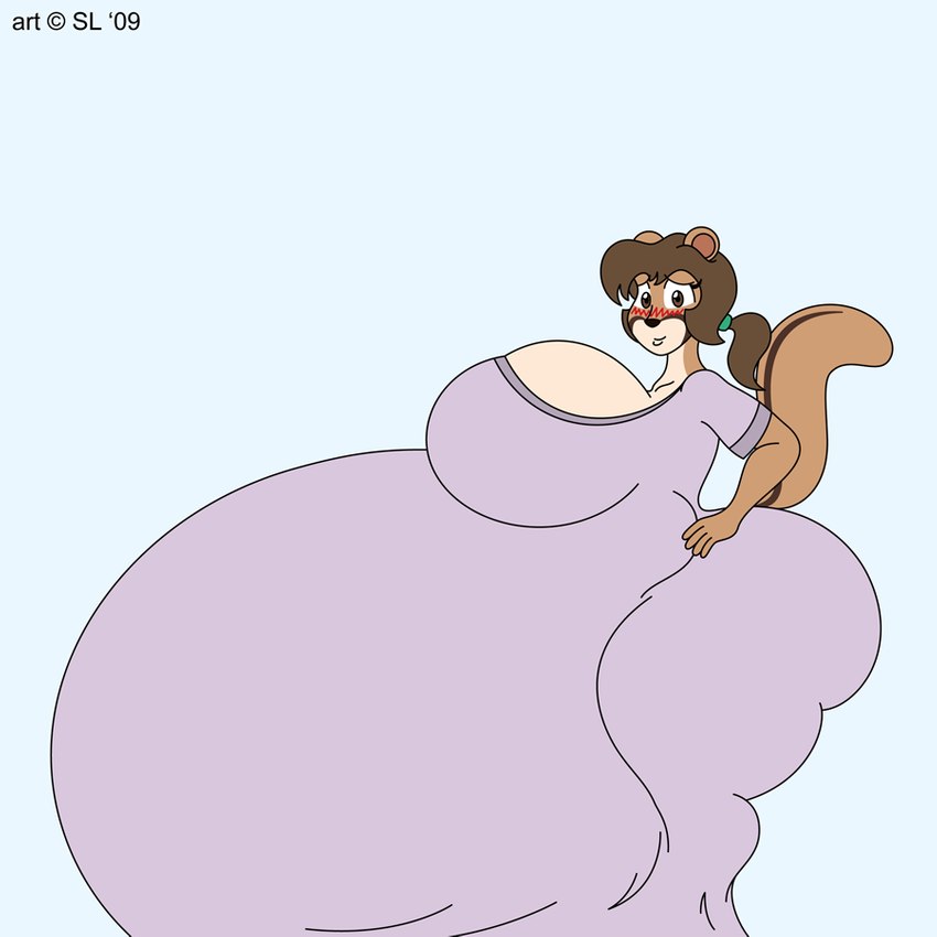 anthro belly big_belly big_breasts big_butt blush breasts brown_eyes brown_hair butt clothed clothing copyright_symbol female gown hair huge_belly huge_breasts huge_butt hyper hyper_belly hyper_butt hyper_pregnancy ponytail pregnant pregnant_anthro pregnant_female simple_background solo symbol thick_thighs satsumalord terry_(satsumalord) chipmunk ground_squirrel mammal rodent sciurid 1:1 2009 digital_media_(artwork)