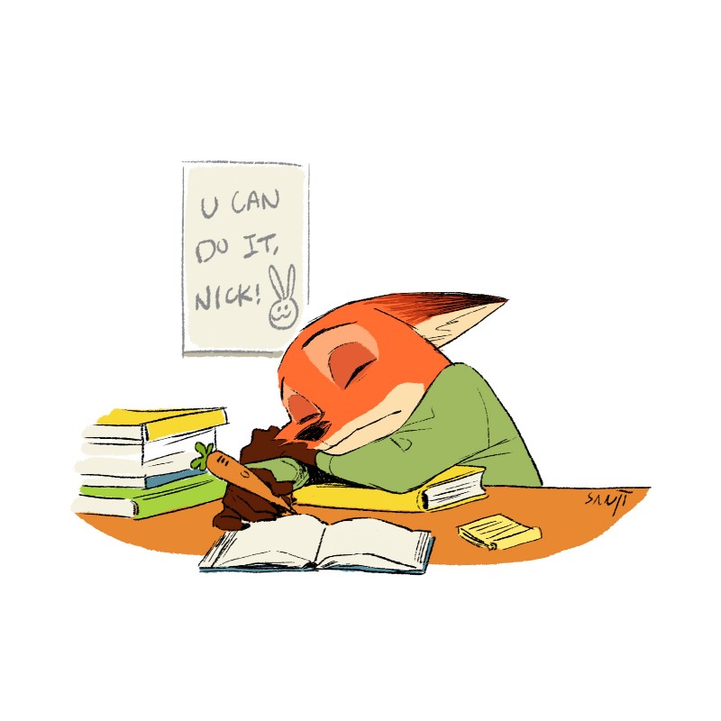 4_fingers :3 anthro black_nose book book_stack carrot_pen clothed clothing dipstick_ears ear_markings eyes_closed fingers fully_clothed fur holding_object holding_pen holding_writing_utensil male multicolored_ears note_pad notebook open_book orange_body orange_fur pen shirt simple_background sleeping solo stack text themed_object topwear white_background writing_utensil sanjiseo disney zootopia nick_wilde canid canine fox mammal red_fox true_fox 1:1 2016 digital_drawing_(artwork) digital_media_(artwork) english_text hi_res signature