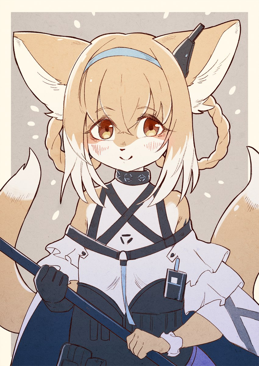 accessory alternate_species anthro blonde_hair blush choker clothing female gloves hair hair_accessory hairband handwear holding_object jewelry multi_tail necklace smile solo tail young young_female ayabemiso arknights hypergryph studio_montagne suzuran_(arknights) canid canine fox mammal 2021 hi_res