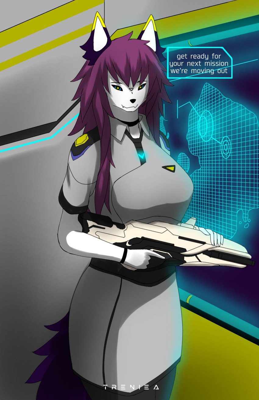 anthro collar dialogue female futuristic_clothing futuristic_gun holographic_screen looking_at_viewer science_fiction solo text treniea treniea_(nq0) alien canid canine canis domestic_dog husky mammal nordic_sled_dog spitz english_text hi_res