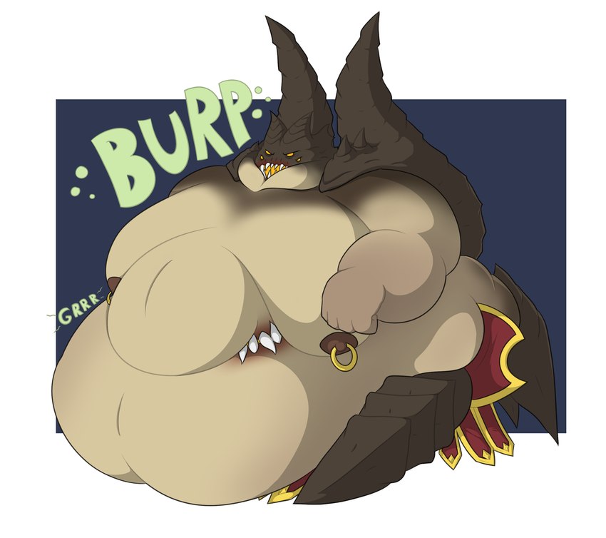 4_eyes 5_fingers anthro areola arm_spikes armor belly belly_mouth big_belly brown_areola brown_horn brown_legs brown_nipples brown_spikes burping fingers horn huge_moobs male moobs morbidly_obese morbidly_obese_anthro morbidly_obese_male multi_eye nipple_piercing nipple_ring nipples obese obese_anthro obese_male onomatopoeia open_mouth orange_eyes orange_mouth overweight overweight_anthro overweight_male piercing quadruped rectangle red_armor ring_piercing rumbling_stomach sharp_teeth shoulder_spikes simple_background sitting solo sound_effects spikes spikes_(anatomy) tan_body tan_skin teeth text weight_gain theannoyingnpc blizzard_entertainment diablo azmodan_(diablo) demon 2021 colored digital_drawing_(artwork) digital_media_(artwork) english_description hi_res shaded simple_shading