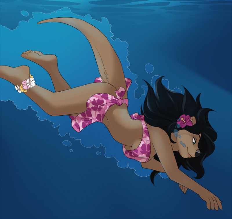 accessory anthro bandeau barefoot biped black_hair black_nose brown_body brown_fur clothing feet female floral_anklet flower flower_in_hair fur hair hair_accessory humanoid_feet plant plantigrade sarong solo swimming tail topwear underwater water jailbird lei-lani mammal mustelid otter sea_otter digital_media_(artwork) shaded