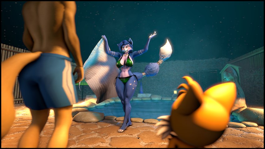 anthro bikini black_border blush border clothing female hot_spring male male/female raised_arms smile steam swimwear thick_thighs towel two-piece_swimsuit water chadchan3d nintendo sega sonic_the_hedgehog_(series) star_fox warfare_machine fox_mccloud krystal_(star_fox) miles_prower warfare_fox warfare_krystal canid canine fox mammal 3d_(artwork) digital_media_(artwork) hi_res source_filmmaker_(artwork)