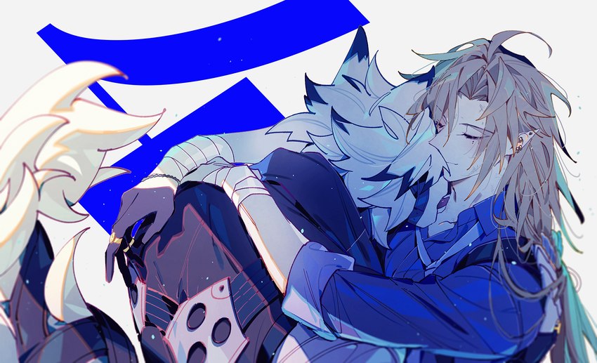anthro blonde_hair butler duo fluffy fluffy_tail fur hair hug humanoid_pointy_ears long_hair male male/male pointy_ears ponytail tail white_body white_fur pearuu mihoyo zenless_zone_zero hugo_vlad von_lycaon canid canine canis humanoid mammal wolf hi_res