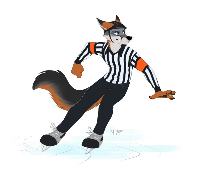 action_pose anthro balancing black_nose clothing fur ice_hockey_skates ice_skates male pose referee simple_background skating snarling solo turning uniform multyashka-sweet sibeor_(sibeorhusky) canid canine fox mammal 2018 digital_media_(artwork)