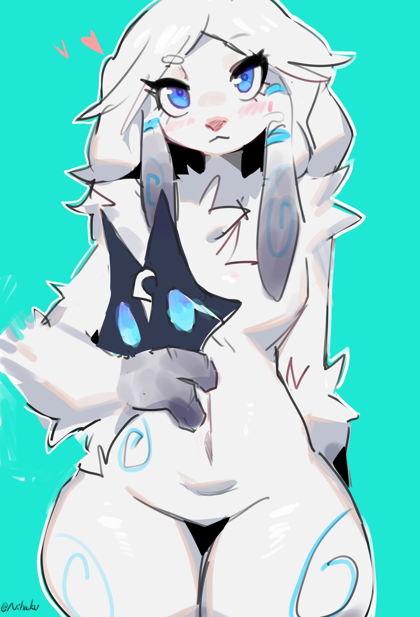 anthro blue_eyes blush female fur hair heart_symbol holding_object looking_at_viewer mask simple_background solo unmasking white_body white_fur white_hair nihaku league_of_legends riot_games tencent kindred_(lol) lamb_(lol) bovid canid caprine mammal sheep absurd_res hi_res