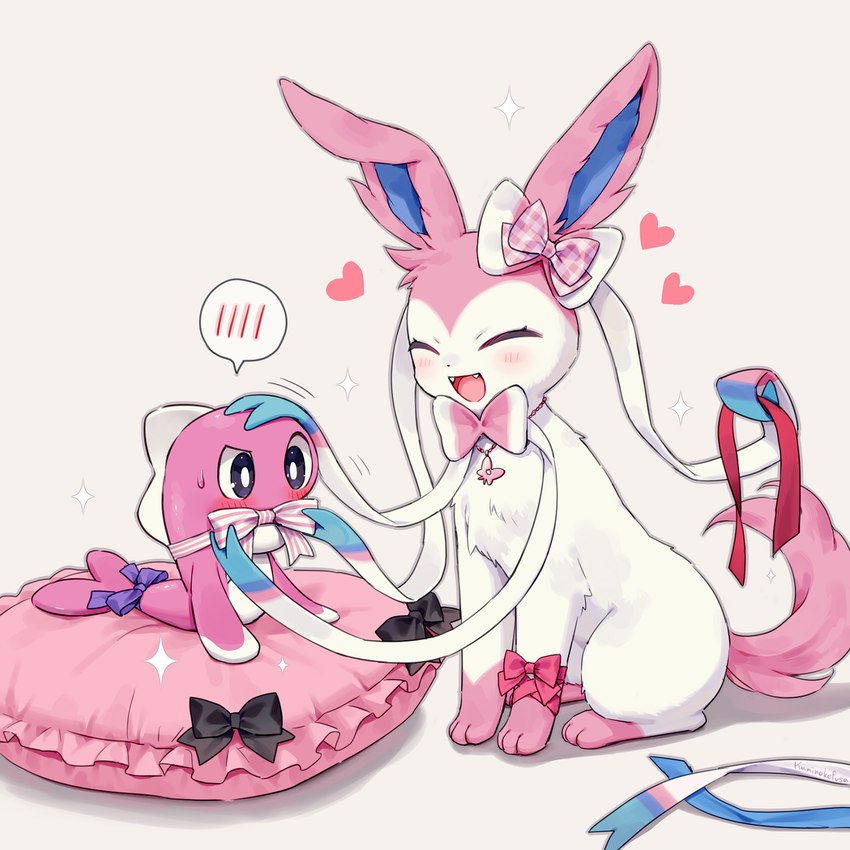 ambiguous_gender anthro biped blush duo eyes_closed feral fur heart_symbol open_mouth open_smile pink_body pink_fur quadruped smile tail white_body white_fur kaminokefusa nintendo pokemon eeveelution generation_6_pokemon generation_9_pokemon pokemon_(species) sylveon tatsugiri tatsugiri_(droopy_form) 1:1 hi_res