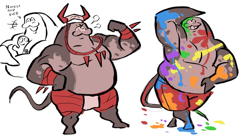 anthro belly bottomwear clothing flexing grey_body grin male musclegut muscular paint_splatter pecs pupils shorts slit_pupils smile solo speckled_body wafaaaahhh nintendo splatoon big_man_(splatoon) fish manta_ray marine ray_(fish) stingray absurd_res hi_res