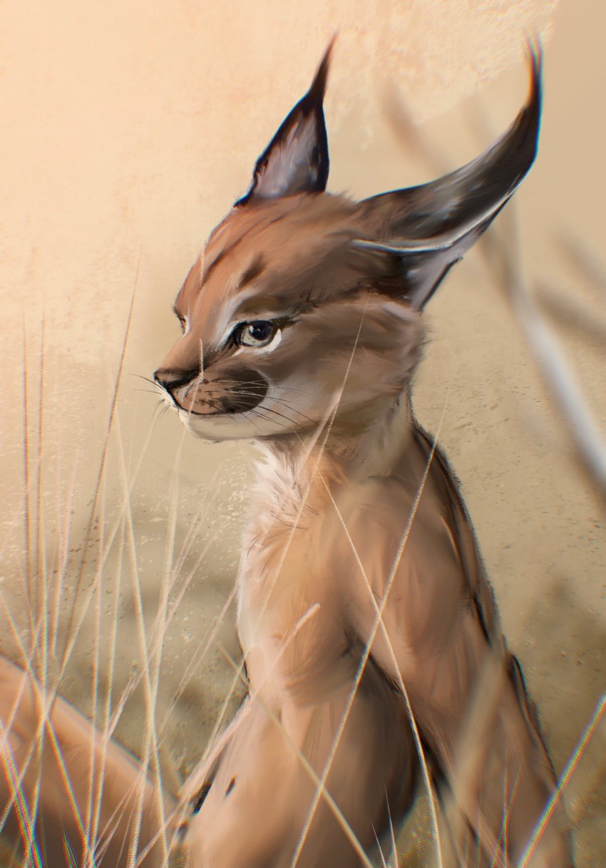 aberration anthro biped brown_body brown_fur ear_tuft fur looking_at_viewer male nude outside pecs savanna simple_background sitting smile solo tuft whiskers stampmats caracal_(genus) felid feline lynx mammal digital_media_(artwork) digital_painting_(artwork) hi_res