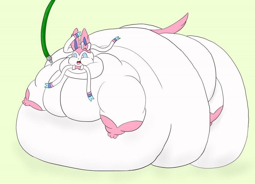 ambiguous_gender belly big_belly big_cheeks black_nose blue_inner_ear blue_sclera bow_ribbon cheek_bulge chubby_cheeks feral green_background green_hose hose huge_belly hyper hyper_belly immobile lying morbidly_obese morbidly_obese_ambiguous obese obese_ambiguous on_front open_mouth overweight overweight_ambiguous pink_ears pink_tail pink_tongue simple_background smile tail tongue weight_gain white_body white_eyes hgh-pine nintendo pokemon eeveelution generation_6_pokemon pokemon_(species) sylveon 2020 colored digital_media_(artwork)