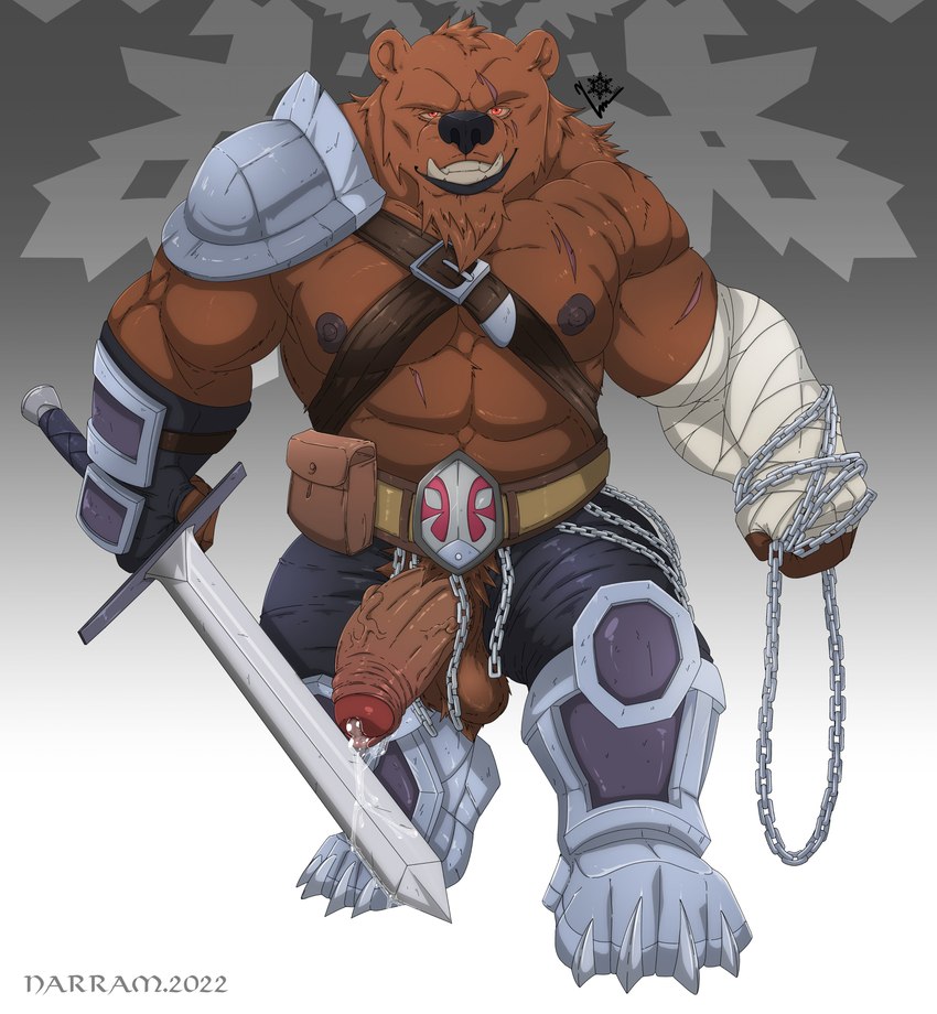 abs anthro balls bandage bodily_fluids genital_fluids genitals leaking_precum male melee_weapon muscular muscular_anthro muscular_male nipples pecs penis precum scar solo sword vein veiny_penis weapon narram lustful_desires ursadin_mercenary_(lustful_desires) bear mammal ursadin_(lustful_desires) absurd_res hi_res