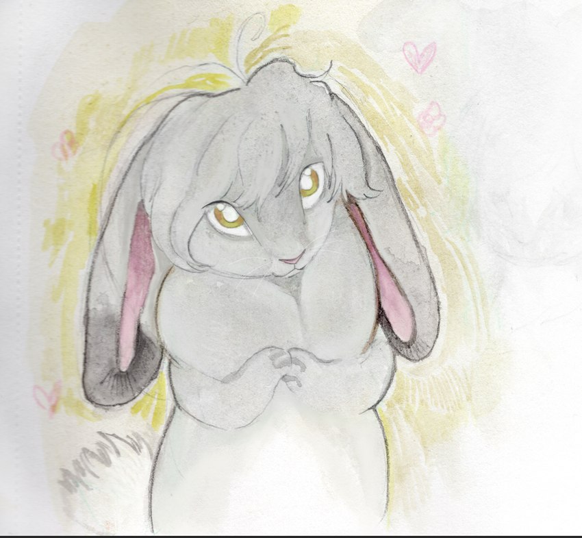 :3 ambiguous_gender anthro black_body black_fur closed_smile dewlap_(anatomy) dipstick_ears ear_markings fingers floppy_ears fur grey_body grey_fur grey_hair hair heart_symbol looking_at_viewer lop_ears mouth_closed multicolored_body multicolored_ears multicolored_fur pupils semi-anthro simple_background smile snout solo tail three-quarter_view two_tone_body two_tone_fur whiskers white_background white_pupils yellow_eyes 4chan_anon lagomorph leporid mammal rabbit 2024 half-length_portrait portrait shaded traditional_media_(artwork)