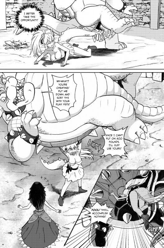 alternate_species anthro big_breasts bodily_fluids breasts claws cleavage clothed clothing crossgender crown dialogue female fight headgear horn male shell spikes super_crown tears text pencils_(artist) bowsette_meme mario_bros nintendo bowser chompette chompy_(pencils) animal_humanoid chain_chomp horned_humanoid humanoid koopa scalie 2019 comic english_text hi_res meme monochrome