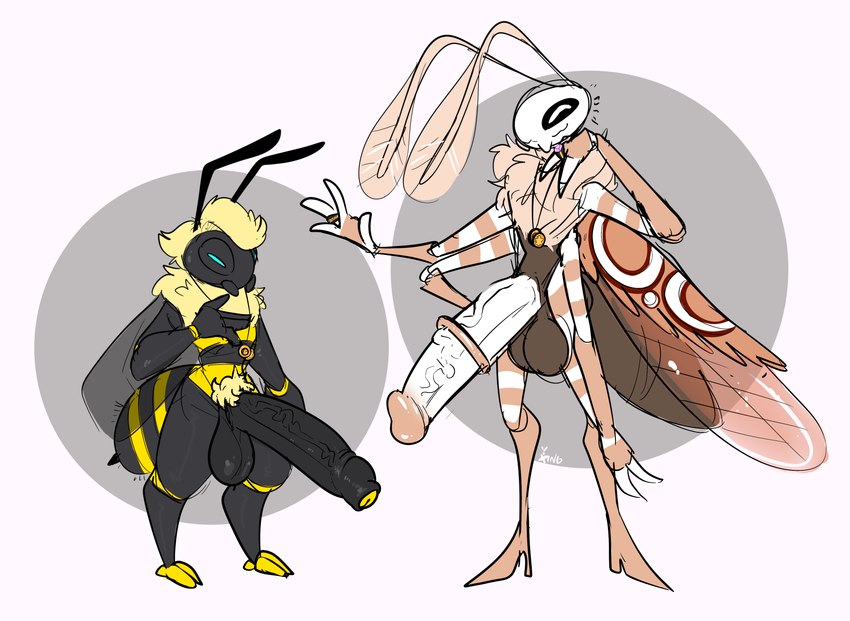 4_arms antennae_(anatomy) anthro arthropod_abdomen back_wings balls big_penis black_body black_skin blonde_hair boots clothing duo erection fangs footwear foreskin fur genitals hair half-closed_eyes high_heeled_boots high_heels huge_penis humanoid_genitalia humanoid_penis hyper hyper_genitalia hyper_penis insect_wings male mandibles multi_arm multi_limb narrowed_eyes nude penis penis_size_difference pink_body pink_fur pink_skin shoes simple_background striped_body striped_skin stripes teeth vein veiny_penis wings yellow_body yellow_fur yellow_skin xing1 arthropod bee hymenopteran insect wasp absurd_res hi_res