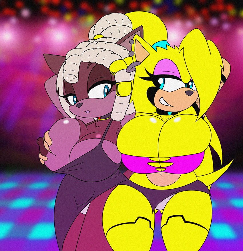 blue_eyes breast_grab breast_squish breasts butt choker clothing dress ear_piercing female fishnet_clothing grin hair_jewelry hand_on_breast jewelry necklace nipples noga piercing pink_body smile squish standing yellow_body kiara_castello sinshadowed kay_the_android sin_the_hedgehog echidna mammal monotreme