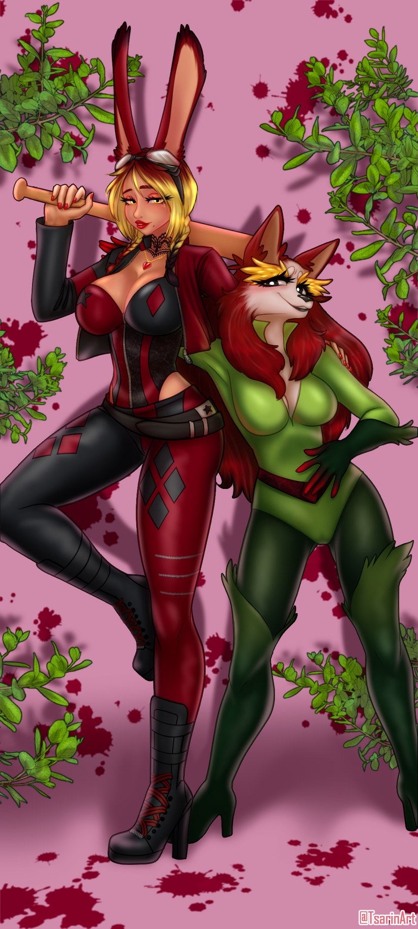 anthro big_breasts breasts cosplay detailed_background duo female holding_object holding_weapon huge_breasts looking_at_viewer makeup pose smile smiling_at_viewer weapon weapon_on_shoulder tsarinart batman_(series) dc_comics final_fantasy square_enix harley_quinn poison_ivy_(dc_comics) tsarina animal_humanoid humanoid lagomorph lagomorph_humanoid mammal mammal_humanoid viera absurd_res hi_res