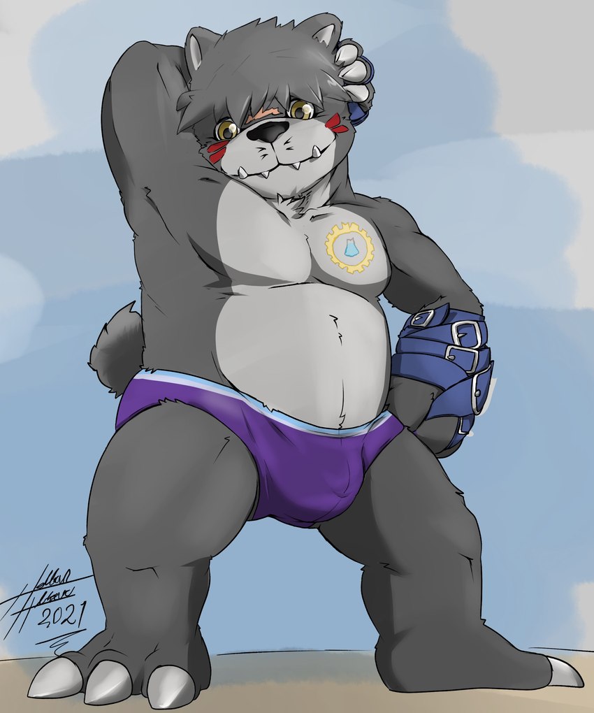 anthro belly belt bulge claws clothing fur grey_body grey_fur looking_at_viewer male pecs scar solo speedo swimwear yellow_eyes heibanhikaru bandai_namco digimon ursam_rableck bear bearmon digimon_(species) mammal 5:6 absurd_res hi_res