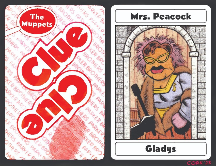 black_border border breasts brown_hair card cleavage clothed clothing dress eyewear female fingerprint fur glasses hair lead_pipe lips magnifying_glass mansion noseless orange_body orange_skin parody playing_card silhouette solo tabletop_game text thick_lips window bruce_mccorkindale clue_(film) cluedo hasbro muppets the_muppet_show gladys_(muppets) mrs._peacock humanoid muppet 2023 crossover english_text signature