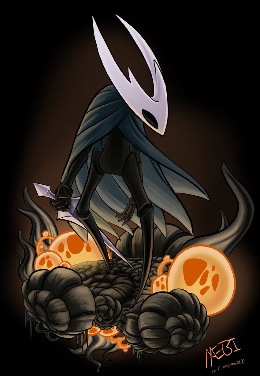 4_fingers 4_horns anthro black_background black_body cape chrysalis clothing featureless_feet feet fingers green_cape green_clothing holding_melee_weapon holding_object holding_sword holding_weapon horn light looking_away male mask melee_weapon multi_horn obscured_eyes orange_light simple_background solo sword weapon mebi hollow_knight team_cherry hollow_knight_(character) the_infection_(hollow_knight) arthropod insect vessel_(species) 2023 absurd_res colored hi_res lighting shaded signature