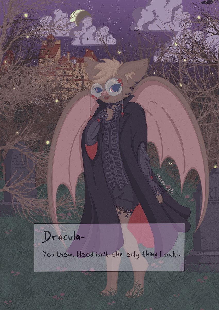 anthro barefoot bottomwear brown_body brown_fur castle cloak clothed clothing cloud detailed_background dialogue dialogue_box eyewear fangs feet femboy fluffy fur gameplay_mechanics glasses grass grave looking_at_viewer male moon night plant red_eyes shirt shorts smile solo star teeth text topwear tree wings nekopumpkin dracula arthropod bat beetle elateroid firefly insect leaf-nosed_bat mammal microbat vampire vampire_bat yangochiropteran absurd_res detailed english_text hi_res