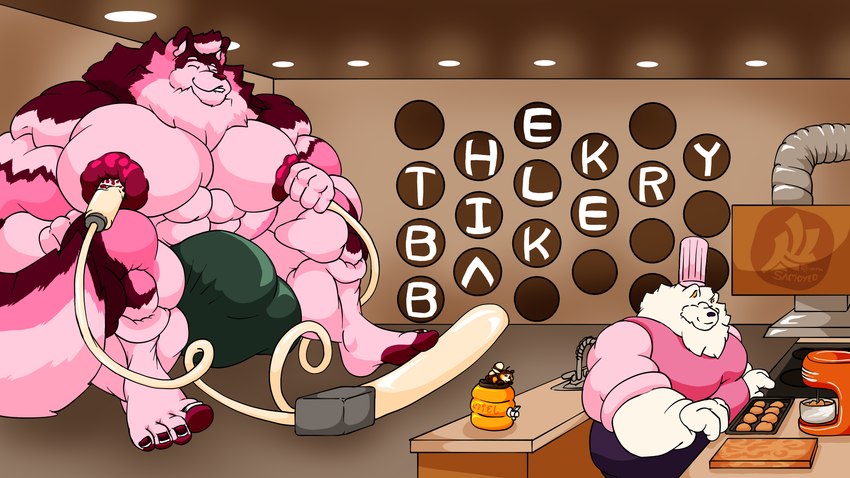 abs antennae_(anatomy) anthro bakery baking balls_outline barazoku belly biceps big_bulge big_muscles biped bite biting_lip bodily_fluids bottomwear bulge clothed clothing cookie cooking detailed_background detailed_bulge feet fluffy food fur genital_outline group hair huge_bulge huge_muscles humanoid_feet hyper hyper_muscles inside kitchen lactating larger_pet looking_pleasured machine macro male male_anthro male_lactation micro milking_machine muscular muscular_anthro muscular_male nipples obese obese_anthro obese_male overweight overweight_anthro overweight_male pecs penis_outline pink_nose plantigrade size_difference smile tail text trio white_body wings yellow_body fujiyama_samoyed bumble_beans_(fujiyamasamoyed) fujiyama_kenhaku yanbara_(fujiyamasamoyed) alaskan_malamute arthropod bee bumble_bee_(species) canid canine canis domestic_dog hybrid hymenopteran insect mammal nordic_sled_dog raccoon_dog samoyed spitz tanuki himbo 16:9 cel_shading digital_media_(artwork) hi_res shaded soft_shading widescreen