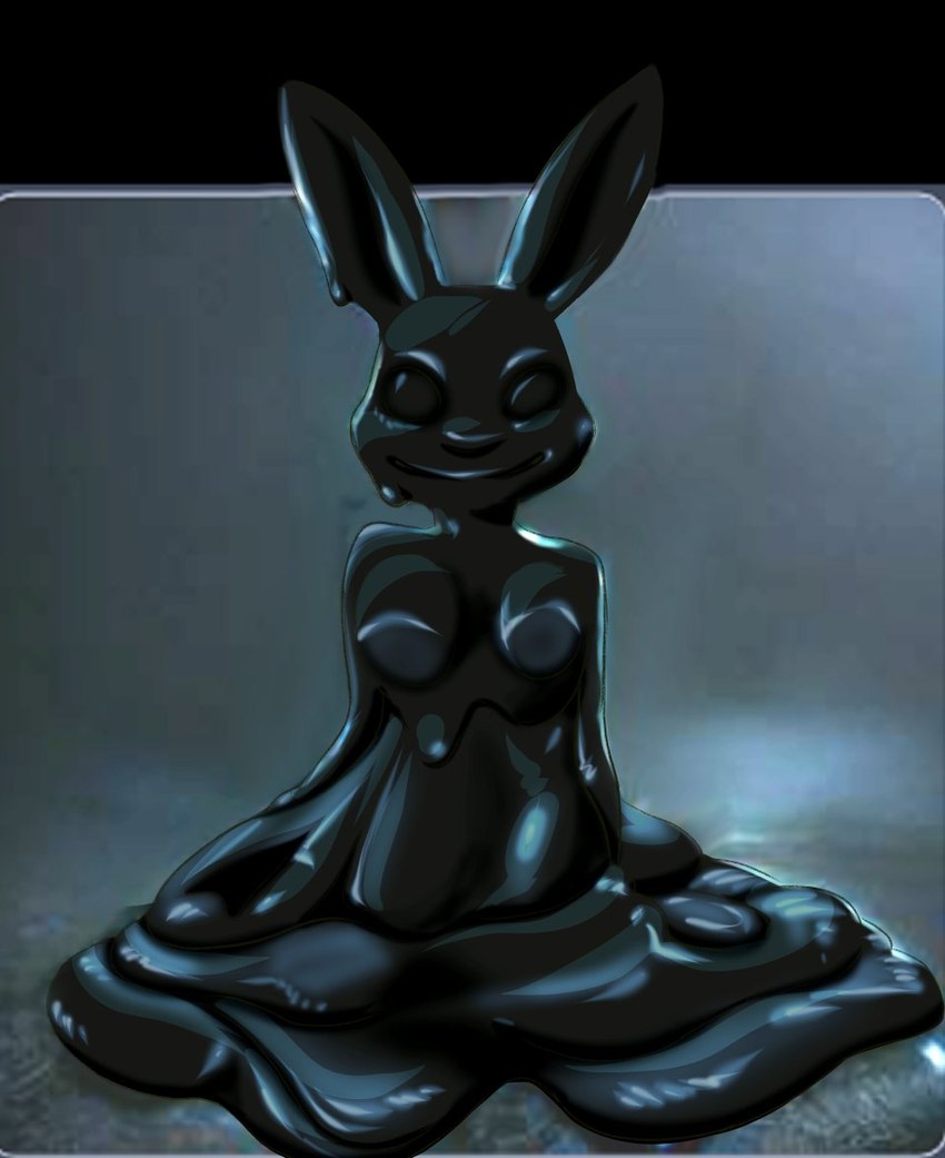 anthro black_body black_goo breasts creepy female glistening long_ears looking_at_viewer smile solo ai_assisted blazera craiyon dall.e_mini goo_creature lagomorph leporid mammal rabbit 2022