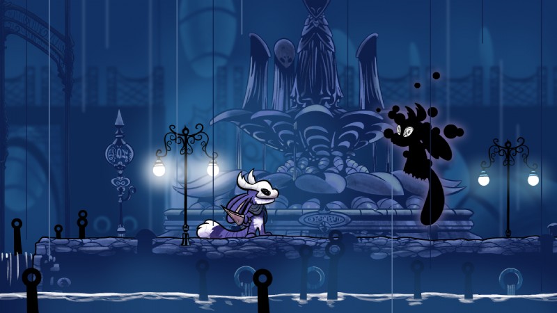 armor blue_body blue_fur cape city clothing fountain fur headgear helmet melee_weapon raining sculpture statue sword tibbit water weapon trevor-fox hollow_knight team_cherry fan_character shade_(hollow_knight) tachis_alopex void_(hollow_knight) shadow_creature featureless_(disambiguation) 16:9 widescreen