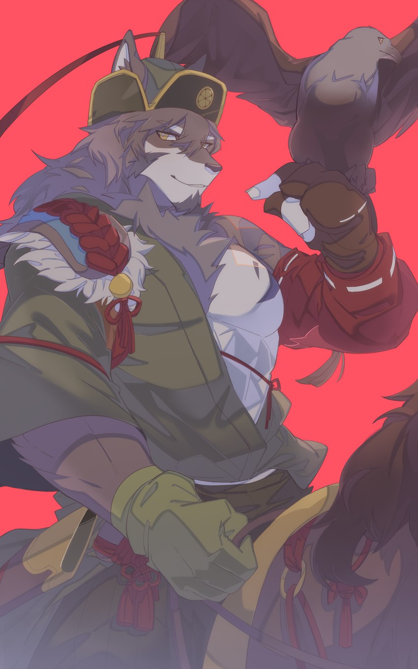 anthro clothed clothing fur male mongolian mongolian_clothing muscular muscular_anthro pecs simple_background tattoo white_body white_fur hachi_duchi lifewonders tokyo_afterschool_summoners temujin_(tas) canid canine canis mammal wolf 5:8 hi_res