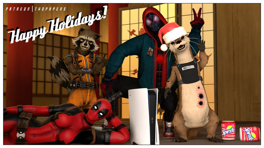 anthro beverage_can border bottomless breasts brown_body brown_fur can christmas_clothing christmas_headwear clothed clothing console_on_ground container electronics female fur game_console gesture group hand_gesture hand_on_head hat headgear headwear holidays looking_at_viewer lying male melee_weapon on_side one_eye_closed playstation_console ps5_console santa_hat scar semi-anthro standing sword thumbs_up weapon white_border wink twopapers christmas guardians_of_the_galaxy marvel playstation playstation_5 sony_corporation sony_interactive_entertainment spider-man_(series) sprite_cranberry deadpool lylla_(marvel) miles_morales rocket_raccoon human mammal mustelid otter procyonid raccoon 16:9 3d_(artwork) digital_media_(artwork) hi_res widescreen