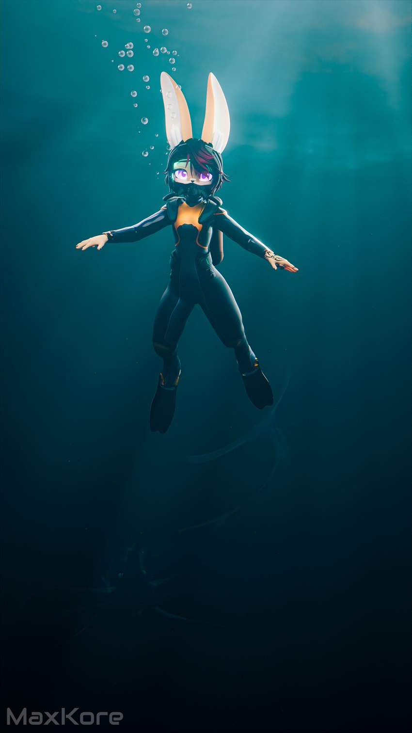 5_fingers anthro band-aid band-aid_on_face bandage bandage_on_face black_hair bubble claws clothing diving_mask female fingers flippers fur hair mask orange_body orange_fur purple_eyes sea solo_focus tattoo thalassophobia underwater water wetsuit maxkore subnautica unknown_worlds_entertainment riley_(maxkore) lagomorph leporid mammal rabbit reaper_leviathan_(subnautica) 2024 3d_(artwork) digital_media_(artwork) hi_res signature