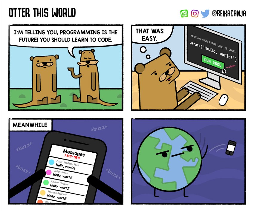 anthro biped cellphone code dialogue duo electronics hello_world holding_cellphone holding_object holding_phone holding_smartphone humor male phone planet programming programming_humor smartphone solo speech_bubble tail text thought_bubble coollikerei python_(programming_language) animate_inanimate mammal mustelid otter 2017 comic english_text hi_res multiple_scenes