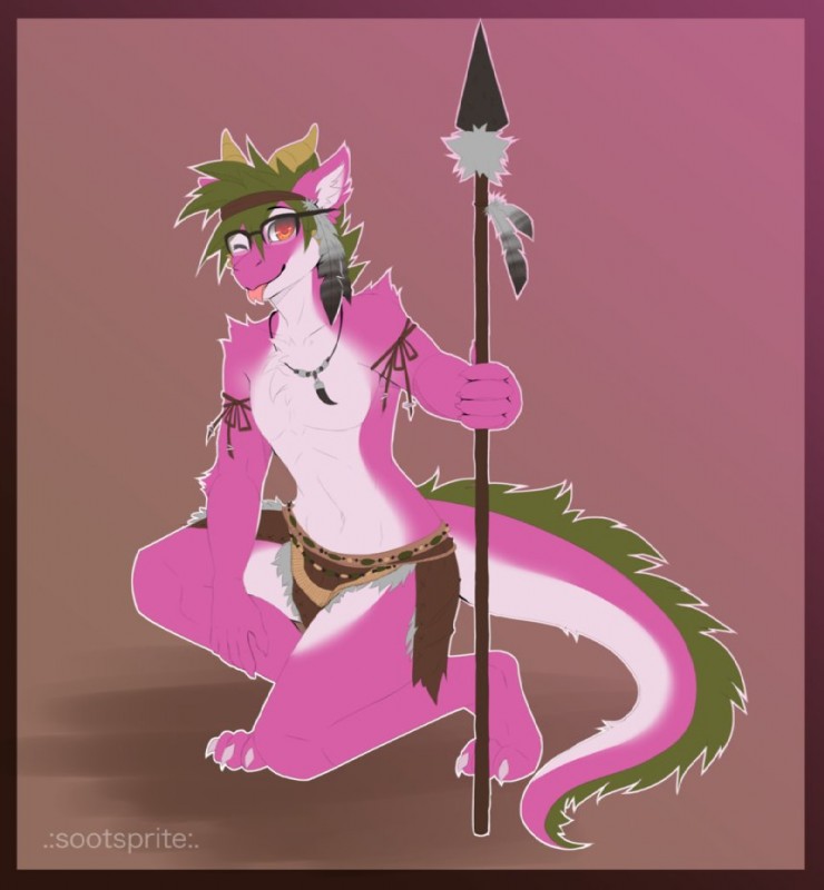 anthro border bottomwear clothed clothing countershading eyewear feathers fur glasses gradient_background green_hair grey_body grey_feathers hair horn jewelry loincloth melee_weapon necklace pink_body pink_fur polearm red_eyes simple_background spear tail tongue weapon white_body white_countershading sootsprite mythology diandre dragon furred_dragon furred_scalie mythological_creature mythological_scalie scalie 2017