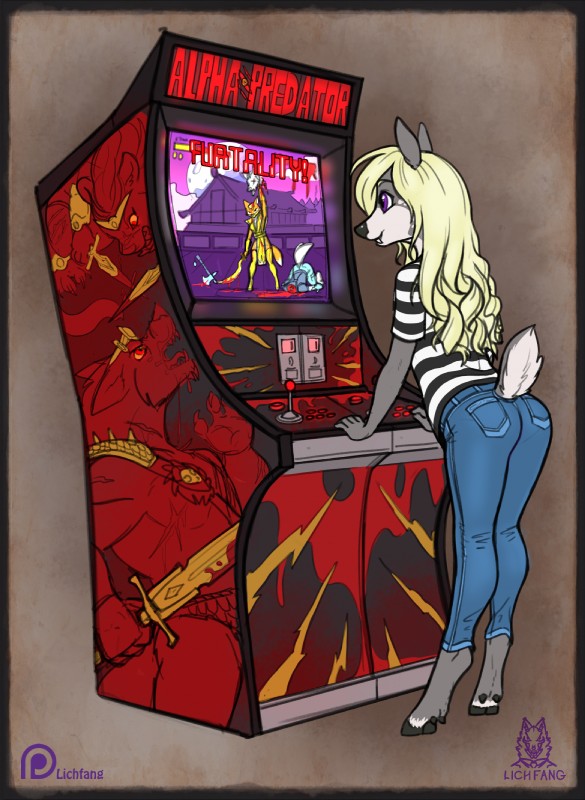 adolescent anthro arcade arcade_machine blood blood_on_mouth blood_on_weapon blood_pool bodily_fluids butt clothed clothing death decapitation fatality female fur gaming hair melee_weapon parody severed_body_part severed_head simple_background smile solo standing violence weapon young young_anthro lichfang mortal_kombat kathrina_prowler deer mammal water_deer 2018 digital_media_(artwork) hi_res