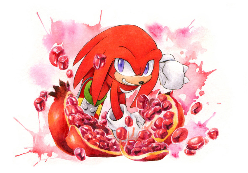 anthro clothing food footwear fruit gloves grin handwear male plant pomegranate punch purple_eyes red_body shoes smile solo teeth white_clothing white_gloves white_handwear finikart sega sonic_the_hedgehog_(series) knuckles_the_echidna echidna mammal monotreme 2020 red_theme signature traditional_media_(artwork)