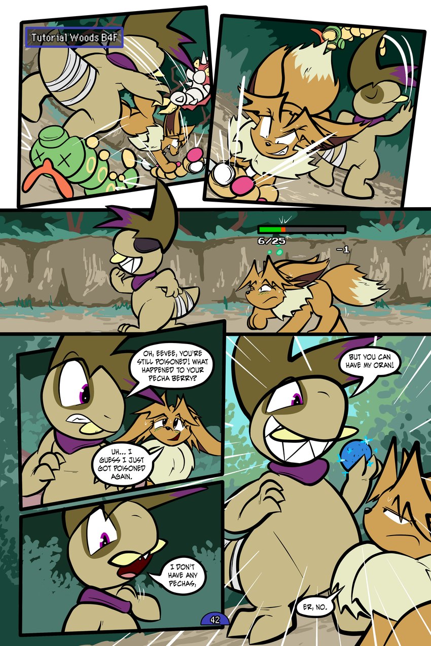 6_panel_comic ambiguous_gender bandage berry biped black_eyes black_nose black_text bodily_fluids brown_body brown_fur brown_hair claws clenched_teeth day dialogue dot_pupils ellipsis exclamation_point eyebrows eyelashes eyes_closed feral fluffy fluffy_tail food forest fruit fur gameplay_mechanics grass group gui hair health_bar holding_berry holding_food holding_fruit holding_object looking_at_another lying motion_lines mouth_closed neck_tuft on_back on_ground open_mouth open_smile oran_berry outside page_number paws plant pokemon_berry pupils purple_eyes quadruped question_mark scarf sharp_teeth smile speech_bubble standing sweat sweatdrop tail talking_to_another teeth text throwing_another tongue toony tree tuft tusks walking white_sclera x_eyes yellow_sclera virmir nintendo pokemon pokemon_mystery_dungeon spike_chunsoft virmir_(character) zinc_(zincxiron) axew caterpie eevee generation_1_pokemon generation_3_pokemon generation_5_pokemon pokemon_(species) weedle wurmple 2025 2:3 absurd_res comic english_text hi_res