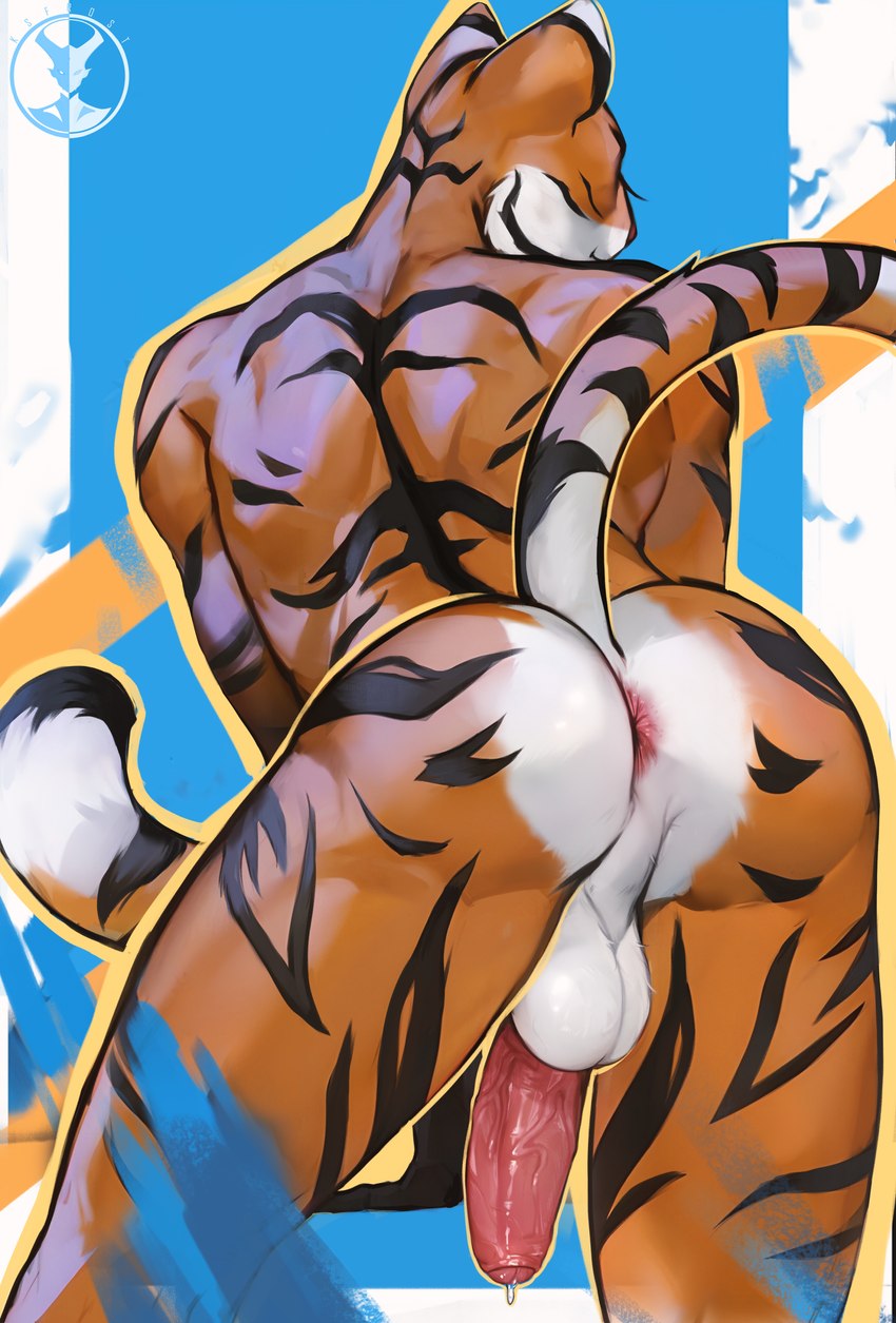 anthro anus backsack balls biped bodily_fluids butt foreskin fur genital_fluids genitals humanoid_genitalia humanoid_penis male penis perineum precum rear_view solo striped_body striped_fur stripes tail vein veiny_penis ksfrost felid mammal pantherine tiger absurd_res hi_res