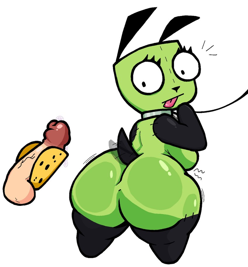 anthro big_butt breasts butt clothing collar costume crossgender dog_costume erection female food fursuit genitals green_body looking_back male mtf_crossgender on_leash penis short_stack simple_background solo standing taco tail tail_motion tailwag thick_thighs tongue tongue_out white_background lewdewott invader_zim nickelodeon gir_(invader_zim) canid canine canis domestic_dog mammal 2024 digital_drawing_(artwork) digital_media_(artwork) hi_res