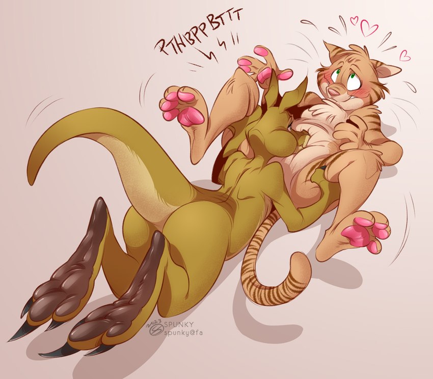 3_toes 4_toes 5_fingers anthro arm_tuft belly belly_squish bite biting_lip biting_own_lip blowing_on_stomach blowing_raspberries blush brown_body brown_eyes brown_fur cheek_tuft chest_tuft claws duo elbow_tuft facial_tuft feet female finger_claws fingers foot_focus fur green_eyes heart_symbol knee_tuft leg_grab leg_tuft legs_up looking_at_another lying male male/female markings motion_lines on_back on_front pawpads paws pink_nose pink_pawpads puffed_cheeks raspberry_kiss simple_background slightly_chubby slightly_chubby_male soles sound_effects squish striped_markings striped_tail stripes tail tail_markings tan_body tan_fur tickling toe_claws toes tuft zerbert spunky_(artist) kip_(cavix) marlu_(cavix) domestic_cat felid feline felis kangaroo macropod mammal marsupial 2023 signature