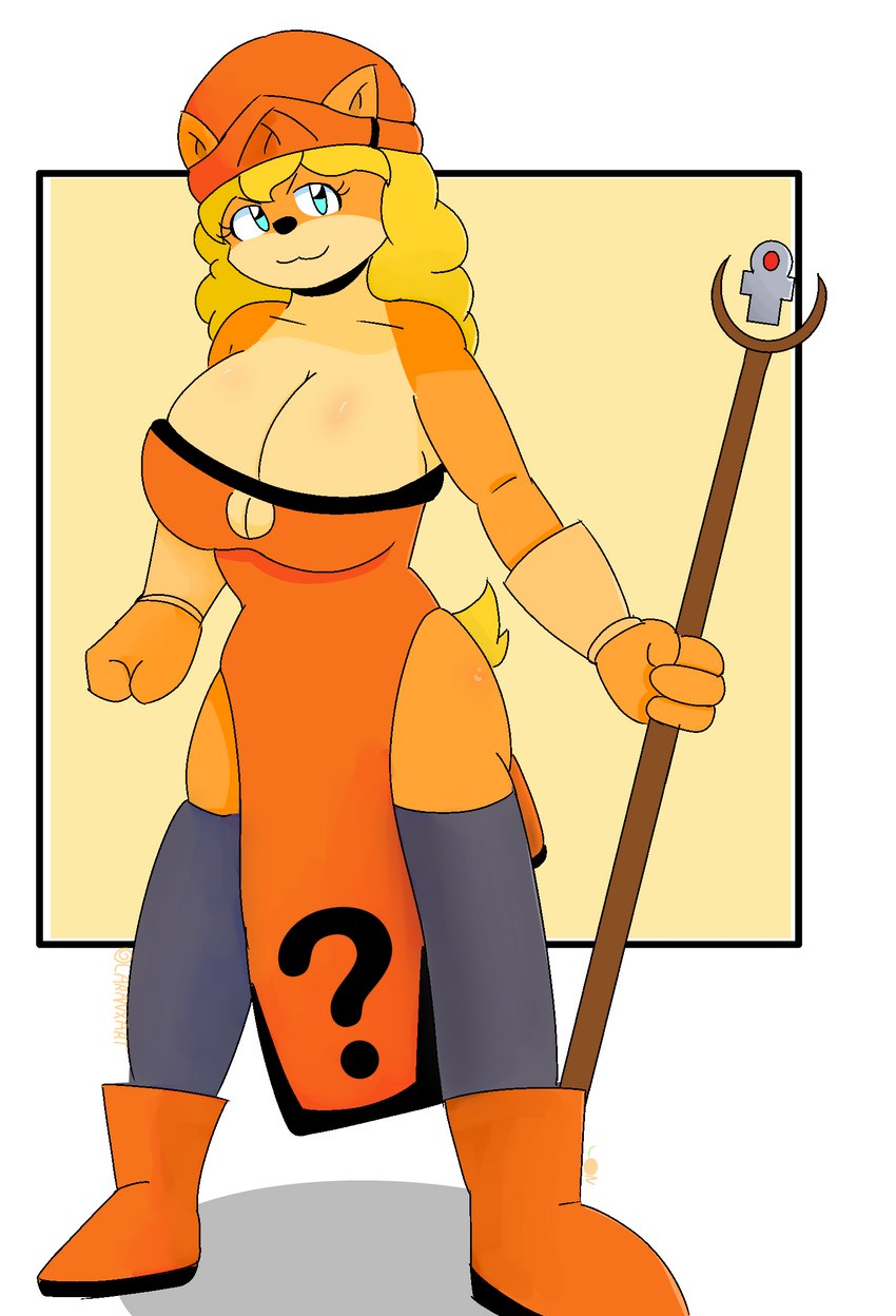 anthro big_breasts blonde_hair blue_eyes breasts clothing female fur hair loppybun magic_user orange_body orange_clothing orange_fur shaman solo tribal_spellcaster yellow_body laranxart activision crash_bandicoot_(series) fan_character bandicoot mammal marsupial hi_res